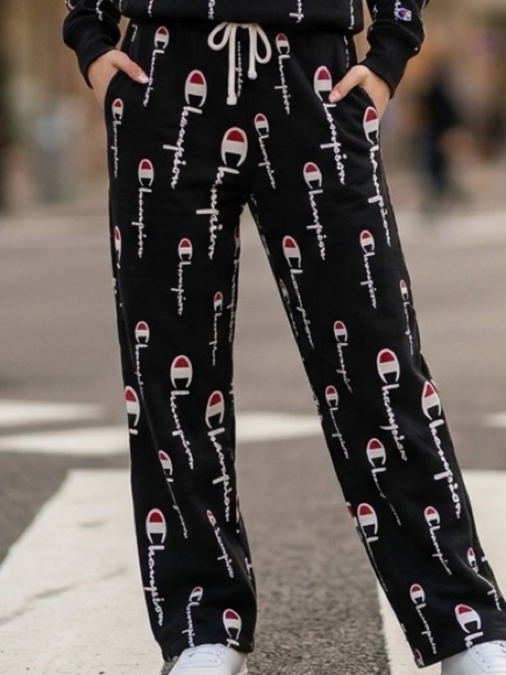 Champion Black Joggers with White & Red Logo Print
